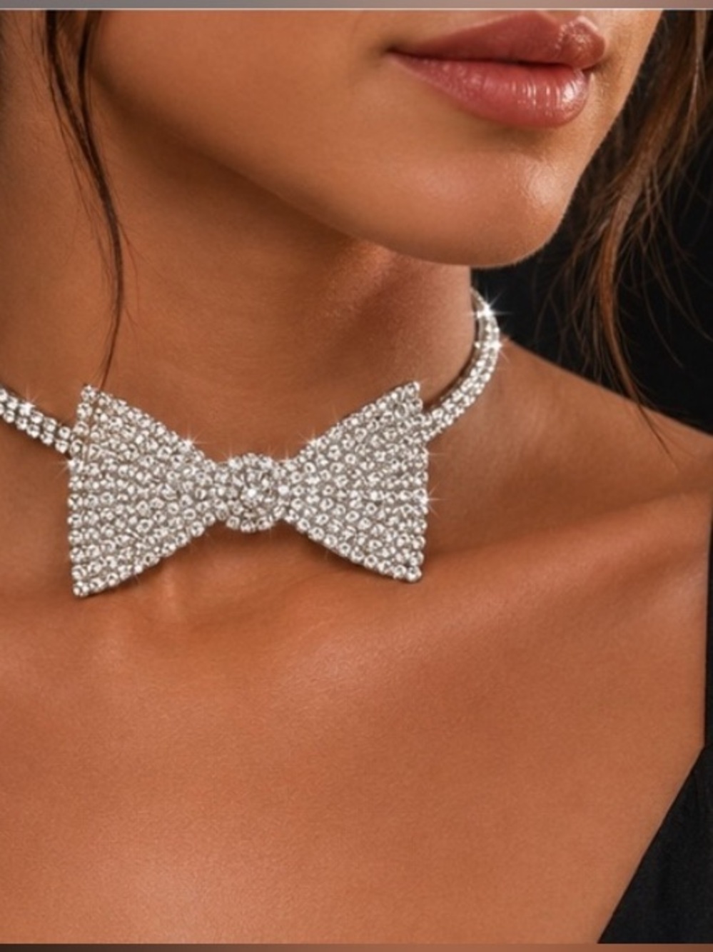 Rhinestone Bow Tie Choker Necklace - Silver Sparkle